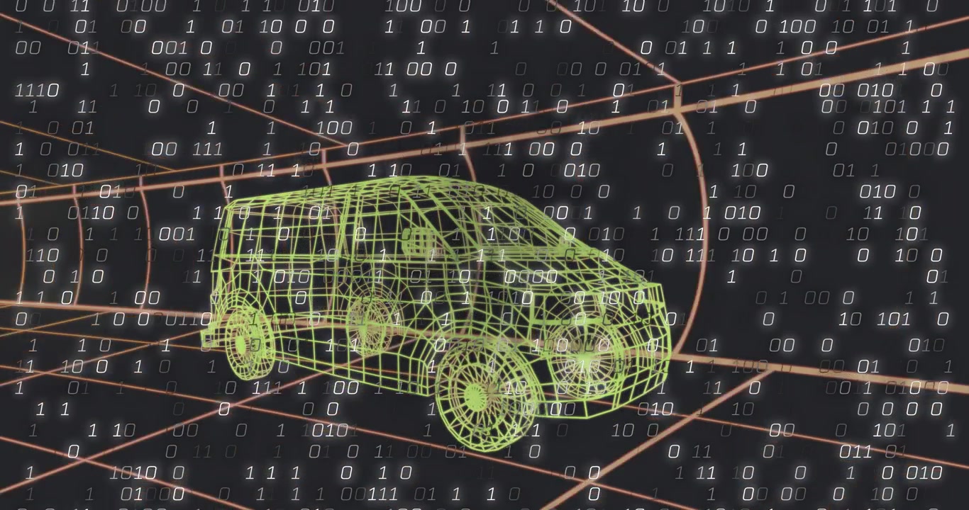 All'avvio, codice binario in streaming attorno a un furgone wireframe come griglia a tunnel che ruota mostrando livelli di dati