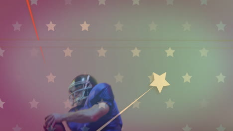 animation of african american american football player and flag of usa