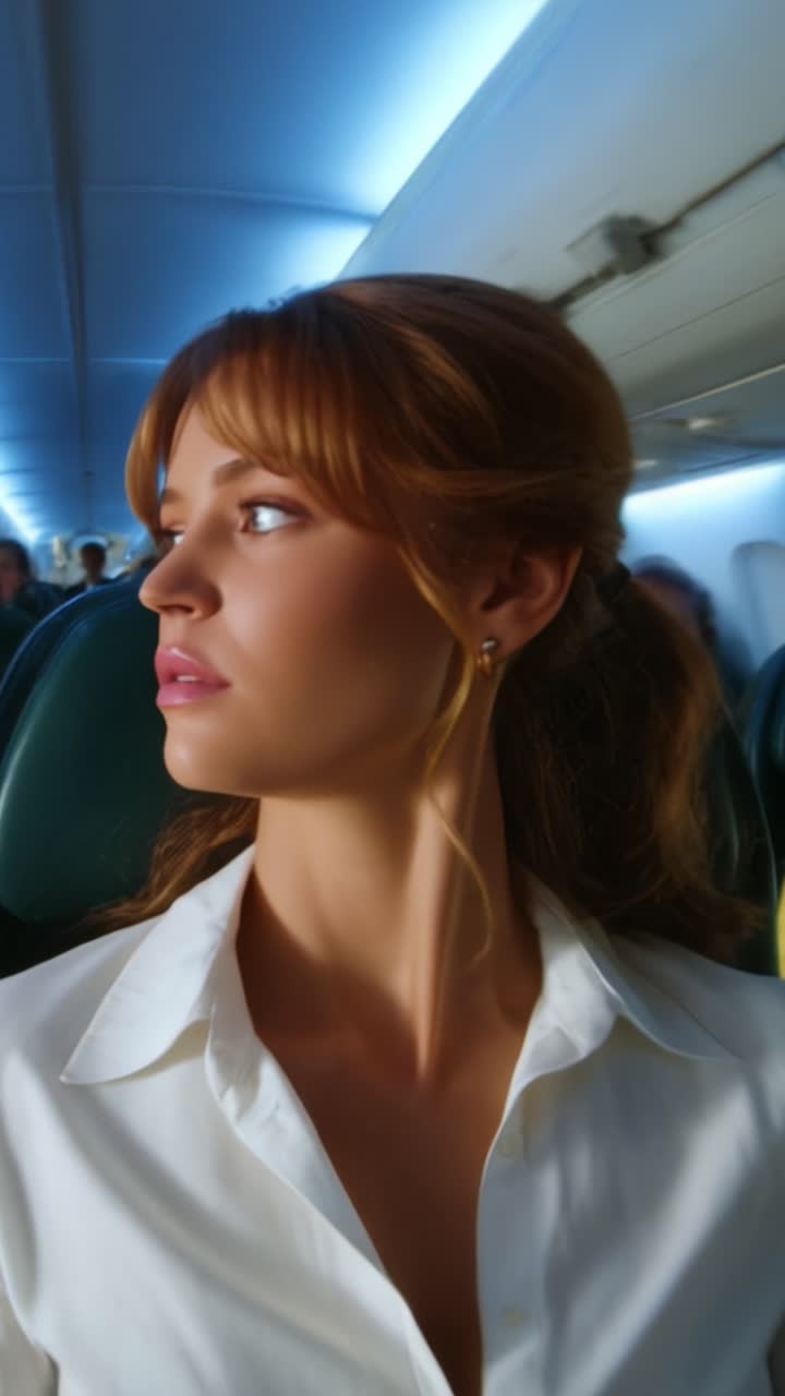 A Woman in Thoughtful Reflection During Her Flight, Captured at Two Distinct Moments Inside an Airplane, Offering a Glimpse into Her Traveling Experience