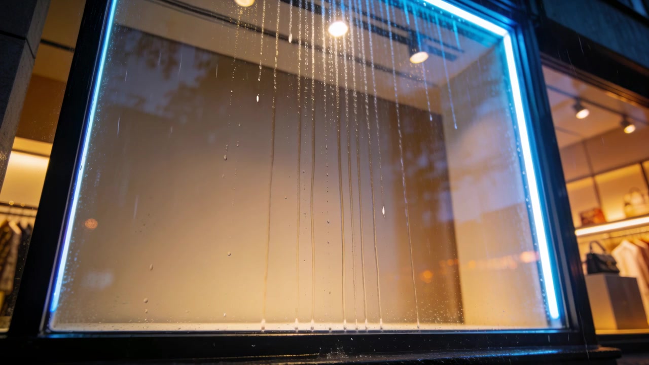 Showing storefront window streaking with falling droplets in rain at night, blue LED frame