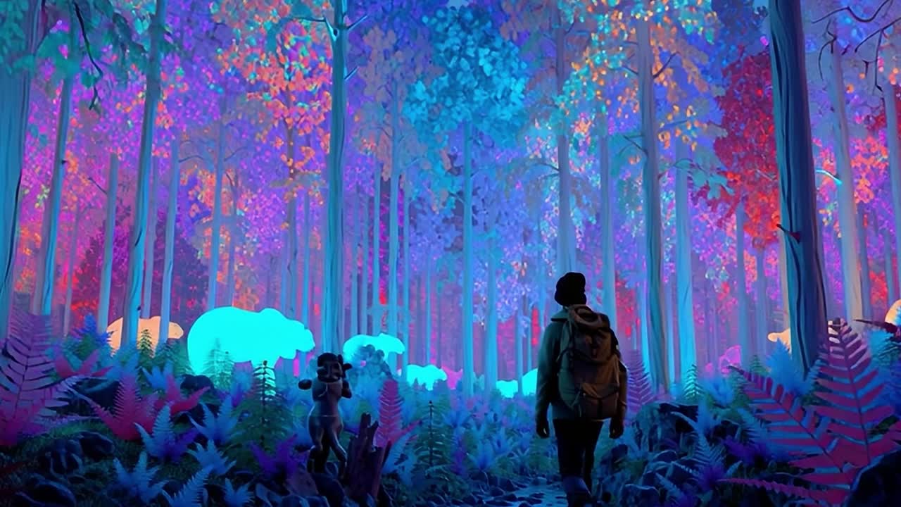 Paesaggio forestale colorato con una persona che esplora luci vibranti di notte
