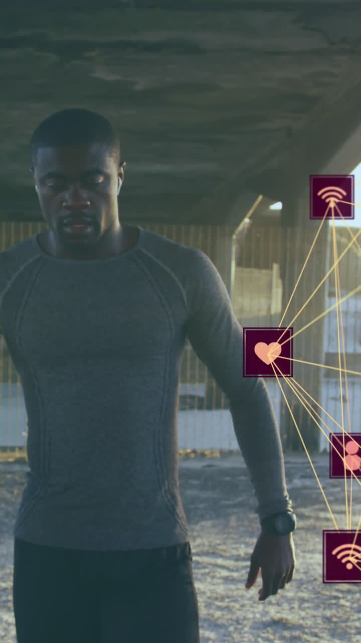 Globes of digital icons spinning against tired african american fit man taking a break from running