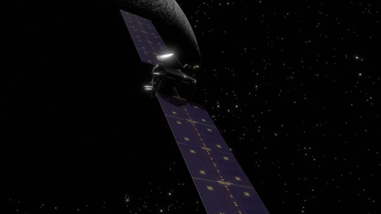 высокое качество и плавный медленный орбитальный кадр космического зонда dawn, с драматическим раскрытием карликовой планеты ceres за ним, на фоне глубокого космоса