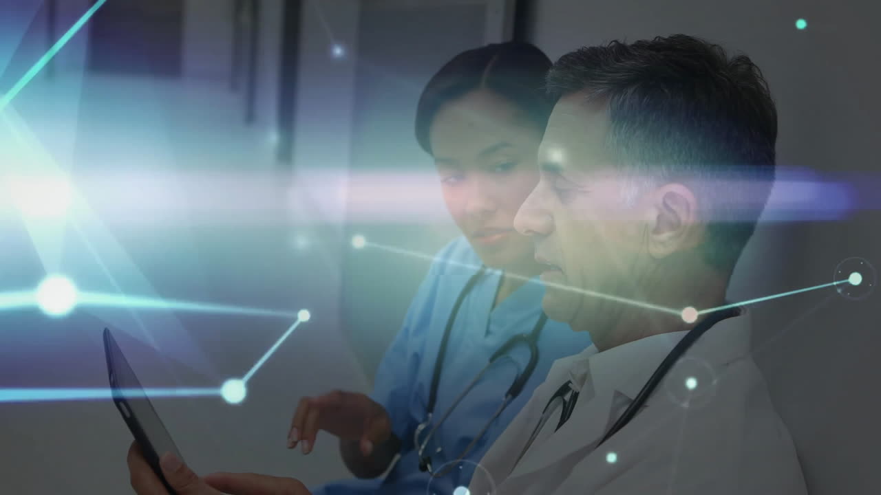 Animation of network of connections with light trails over diverse doctors in hospital