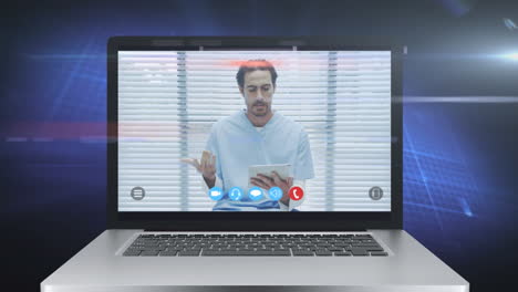 animation of a laptop screen showing male doctor during a video call.