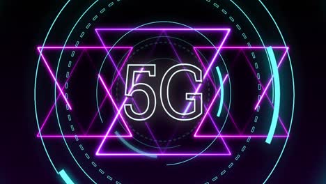 animación de formas en movimiento y texto 5g sobre fondo negro.