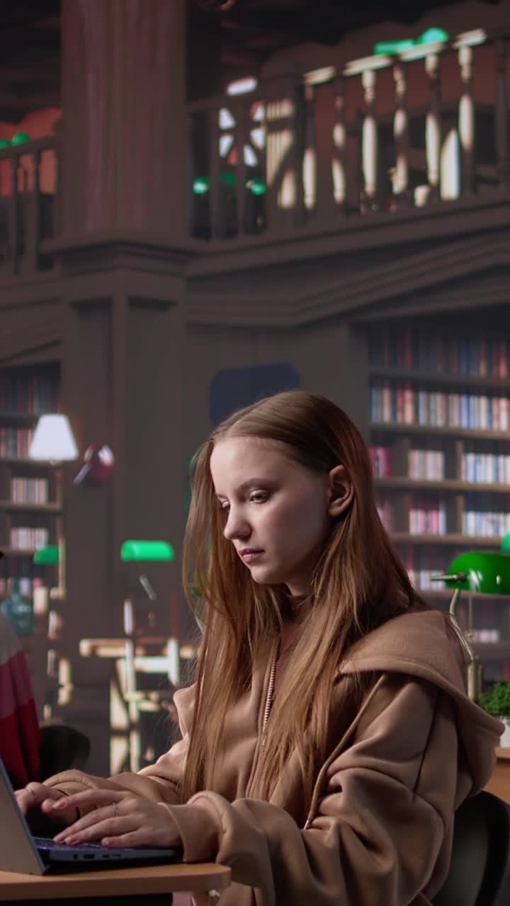 Vertical video student girl reading literature book to collect citations for diploma paper