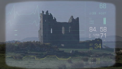 digital data and statistics animation over ancient castle ruins in countryside