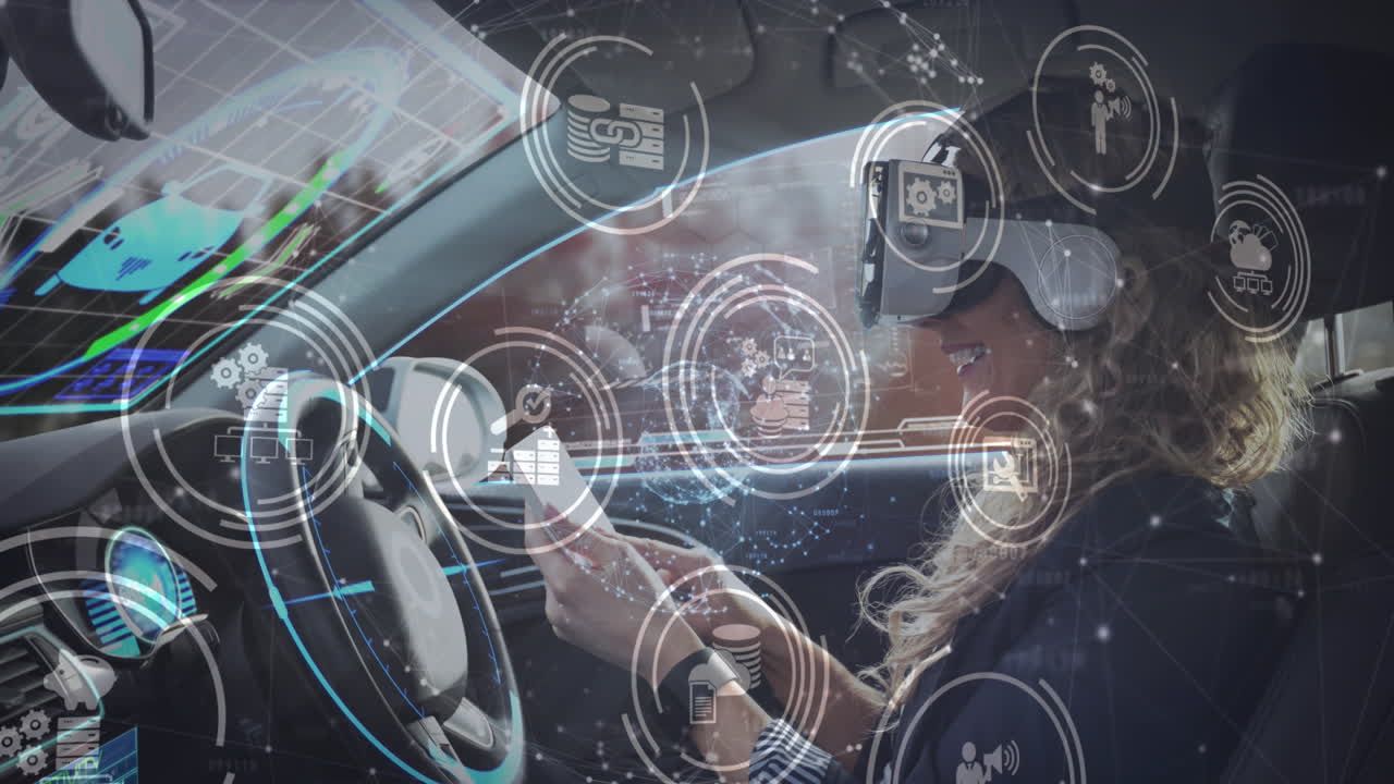 자율주행 자동차에서 스마트폰을 사용하여 vr 헤드 ⁇ 을 착용한 여성과 함께 정보 디스플레이의 애니메이션