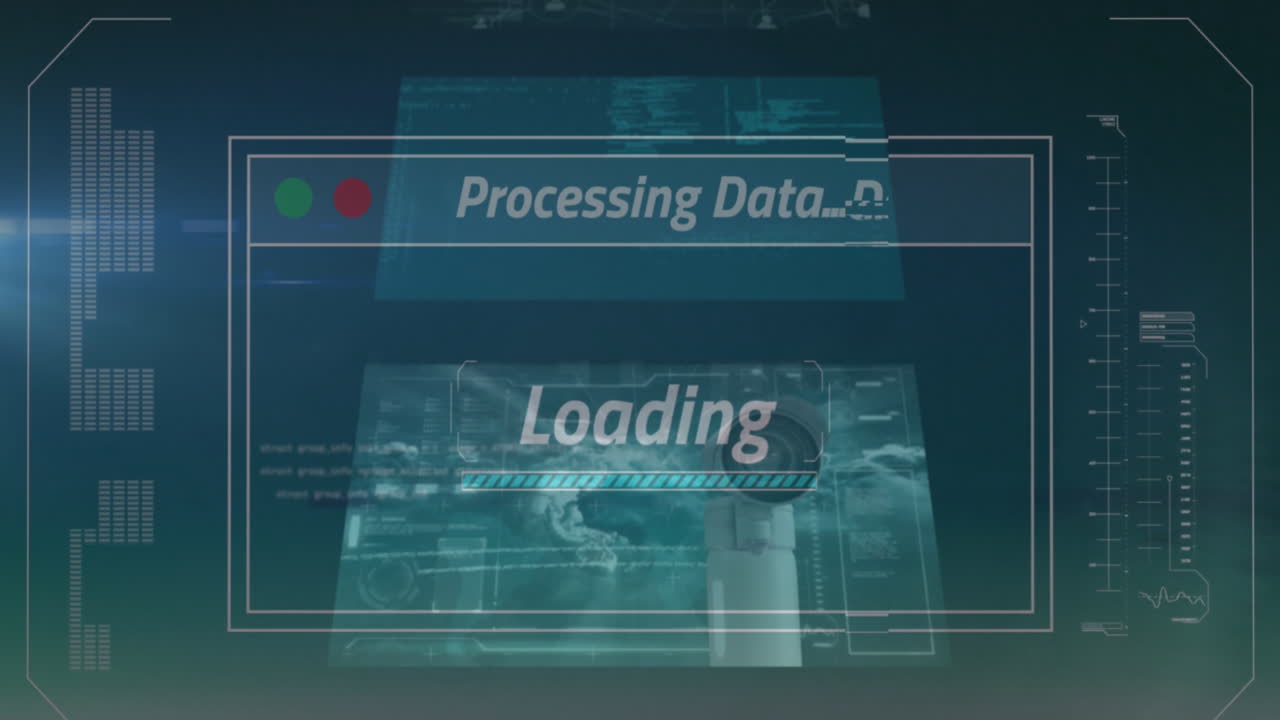 Animation of screens with data processing against green gradient background