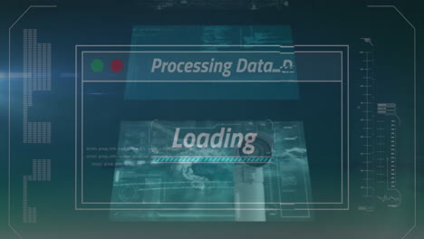 animación de pantallas con procesamiento de datos contra un fondo de gradiente verde