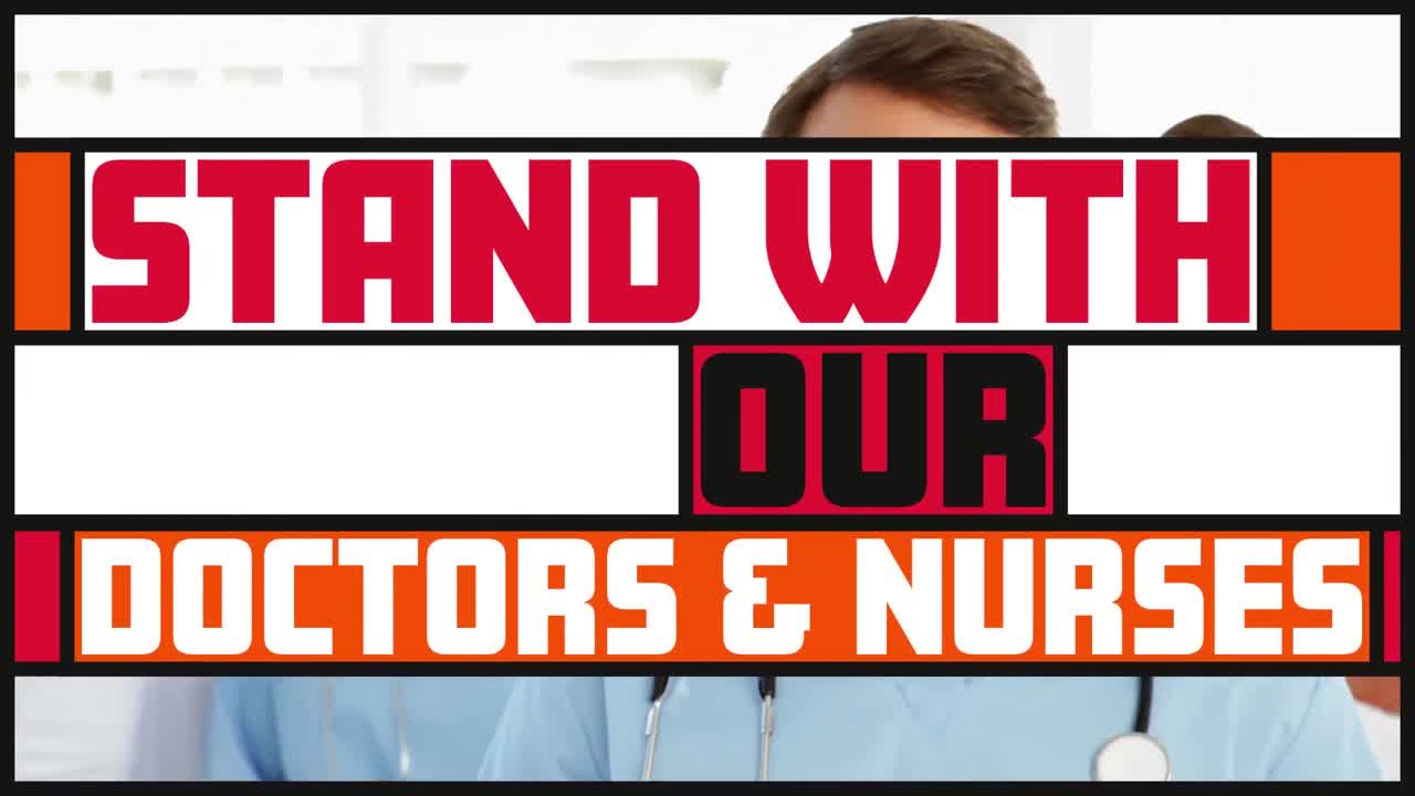 animación de texto en banderas coloridas sobre un grupo de médicos caucásicos