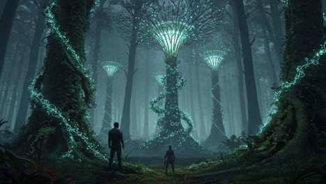 a mystical journey into a glowing enchanted forest: two figures stand in awe before luminescent trees and vines, exploring the wonders of an otherworldly realm