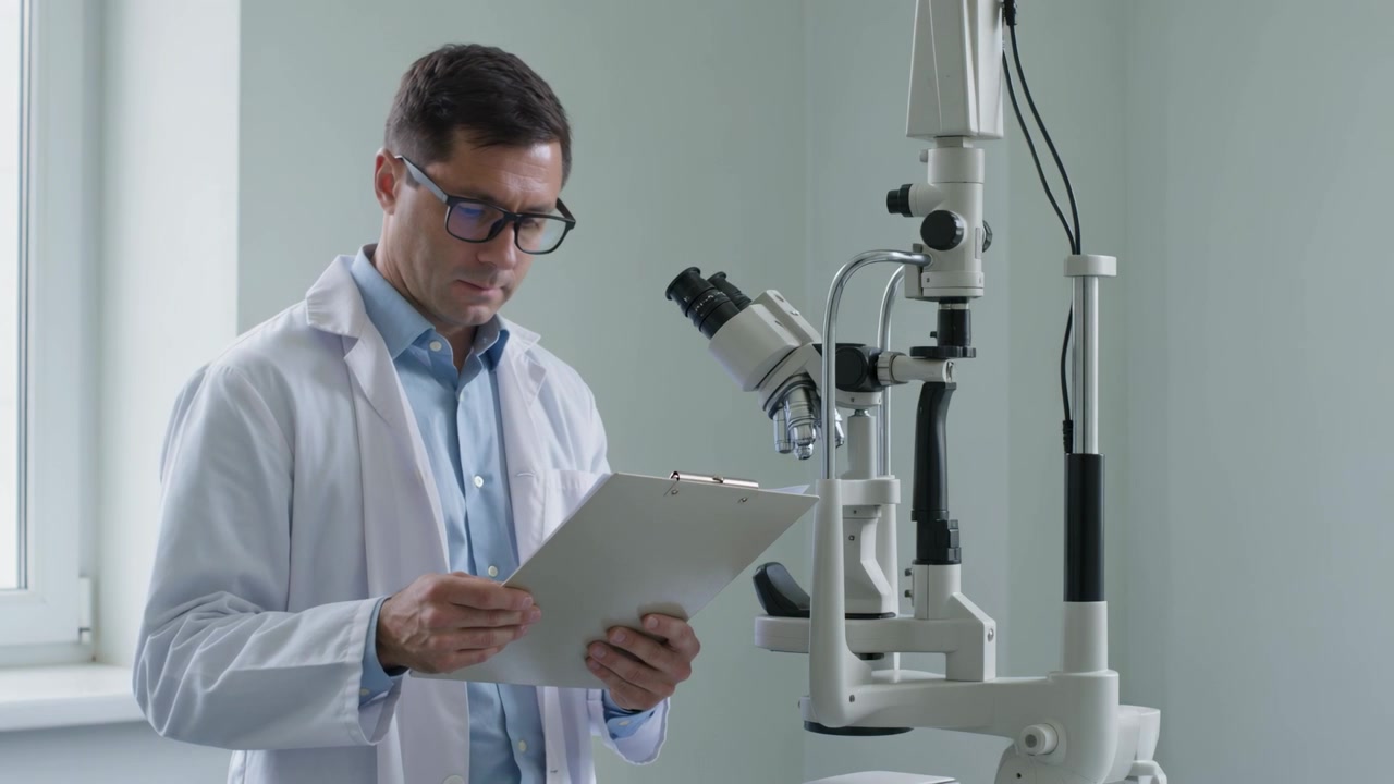 Standing doctor in lab coat with clipboard, scanning notes beside slit-lamp preparing for eye exam