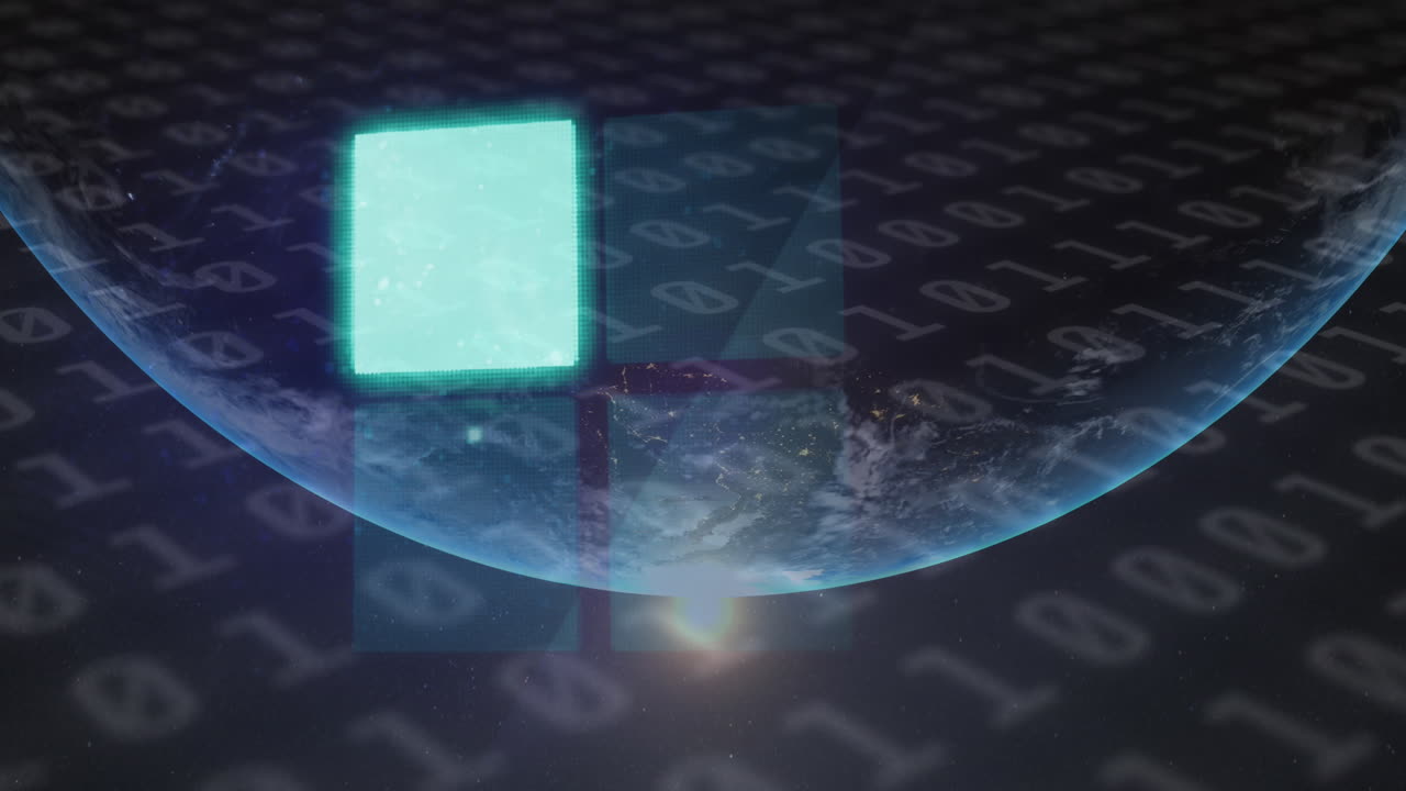 Animation of loading squares icon and binary coding over globe