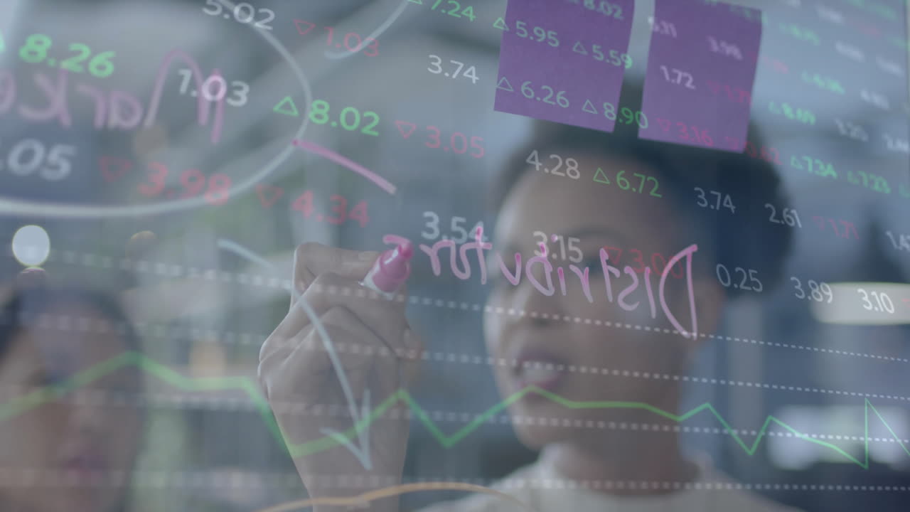 Animation of financial data processing over diverse businesswomen in office