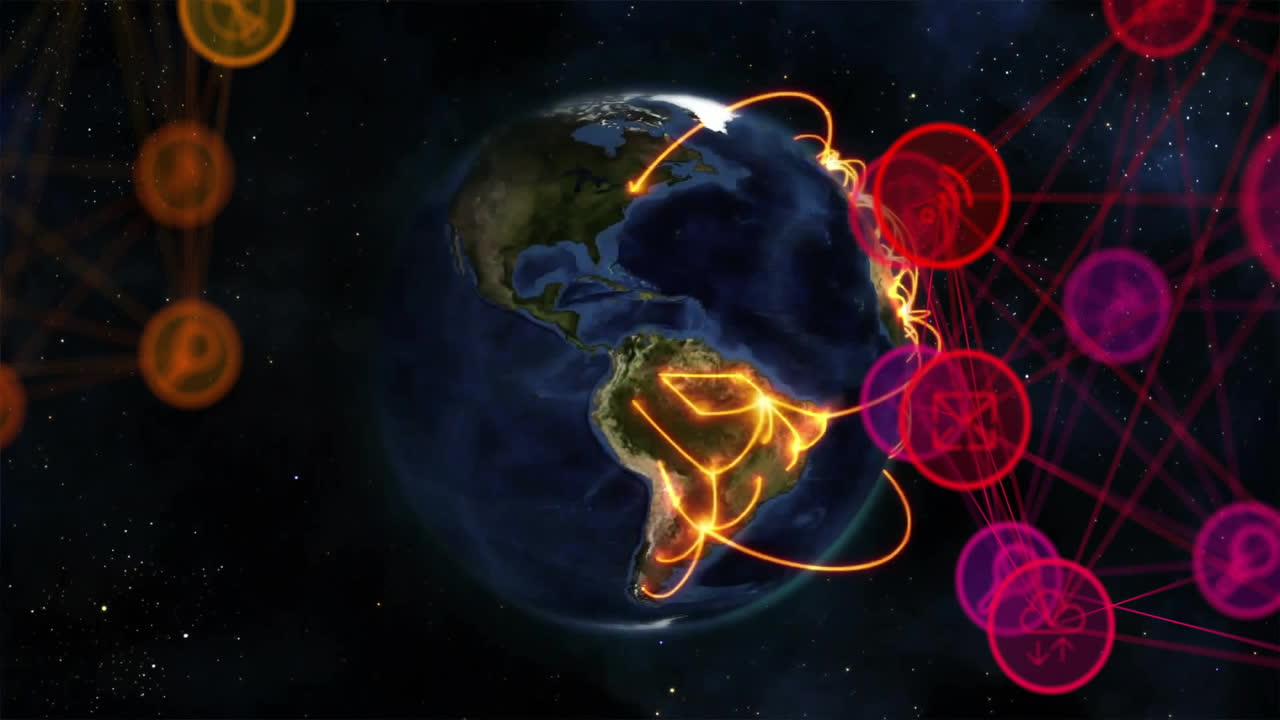 Glowing lines and circles animation over Earth, depicting global connections