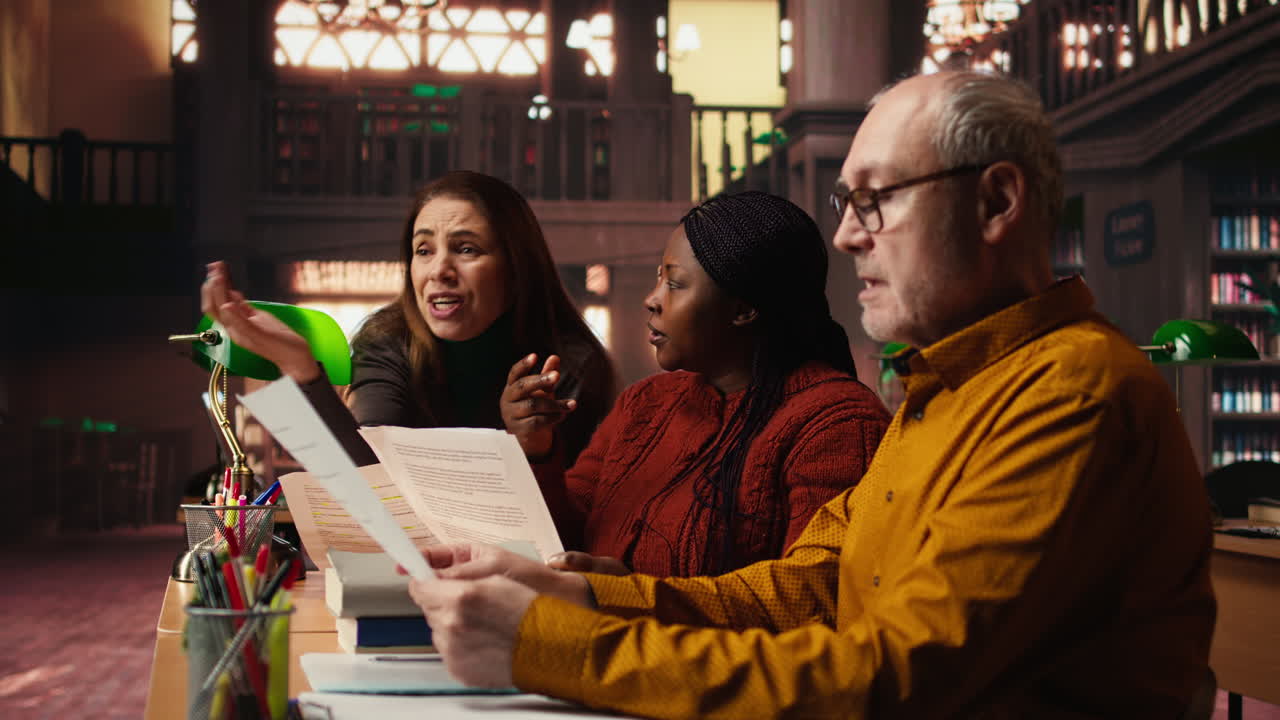 personas que estudian en una biblioteca