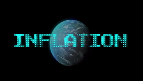 animación del texto de inflación en azul sobre un globo rotativo sobre fondo negro