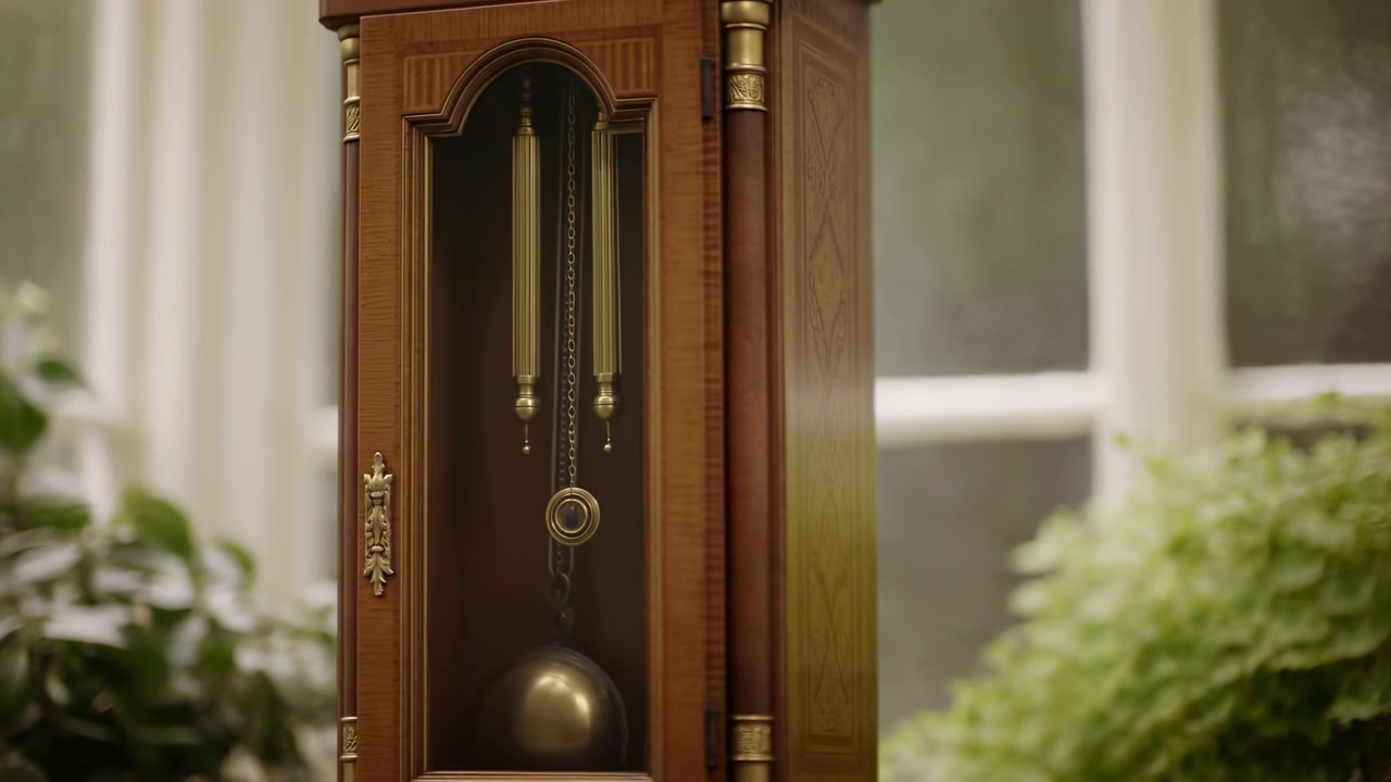 Close-up longcase clock interior with brass weights, swinging pendulum, wooden cabinet details, soft window light, and foreground foliage creating layered domestic scene