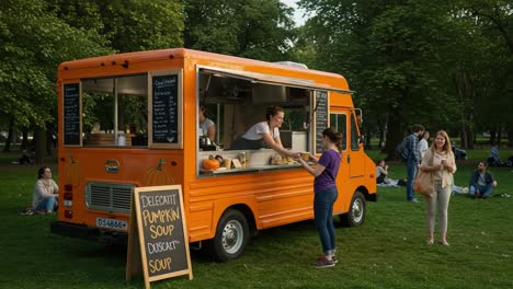 a vibrant food truck scene showcasing delicious pumpkin soup amidst park visitors enjoying the outdoors and indulging in tasty treats served from a colorful catering vehicle