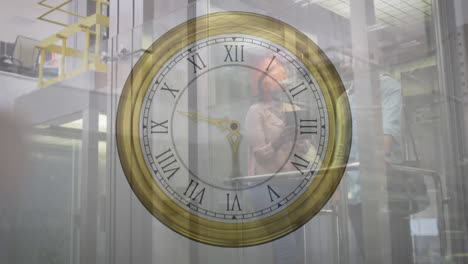 animation of retro ticking clock against diverse man and woman discussing in elevator at office