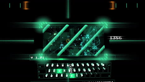 animation of keyboard and data processing on black background