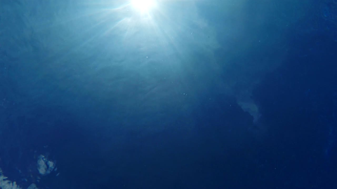 underwater background with blinking sun rays in blue water