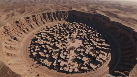aerial view of a desert village set