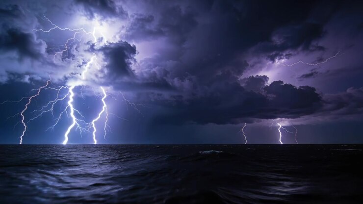 Fulmini a forcella che squarciano il cielo, scatenando un temporale costiero sul mare di notte, illuminando le onde.
