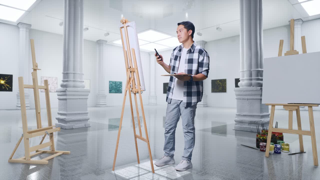 갤러리에서 오일 페인트와 으로 캔버스에 그림을 그리는 동안 스마트폰에서 영감을 찾는 아시아 남성 예술가의 몸이 가득 차 있습니다.