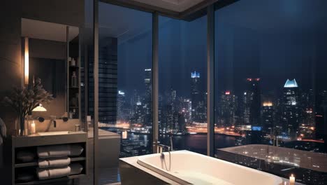 luxury high-rise bathroom with city view at night