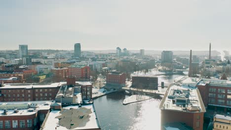 drone footage of the city center of tampere