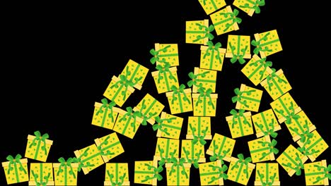 falling yellow green gifts boxes with ribbons on transparent background.