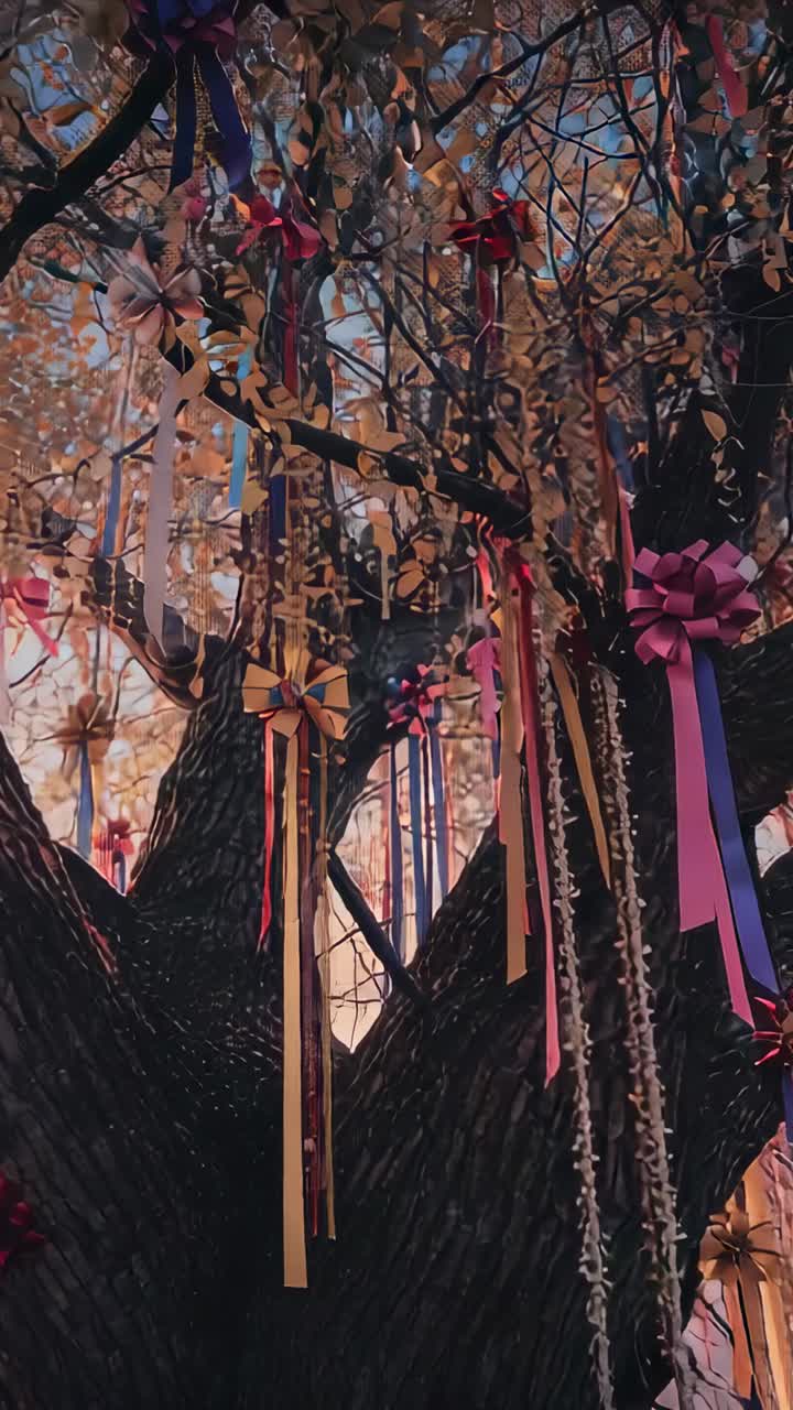 Vertical video: Late-afternoon breeze making ribbons and bows on tree branches sway in open yard