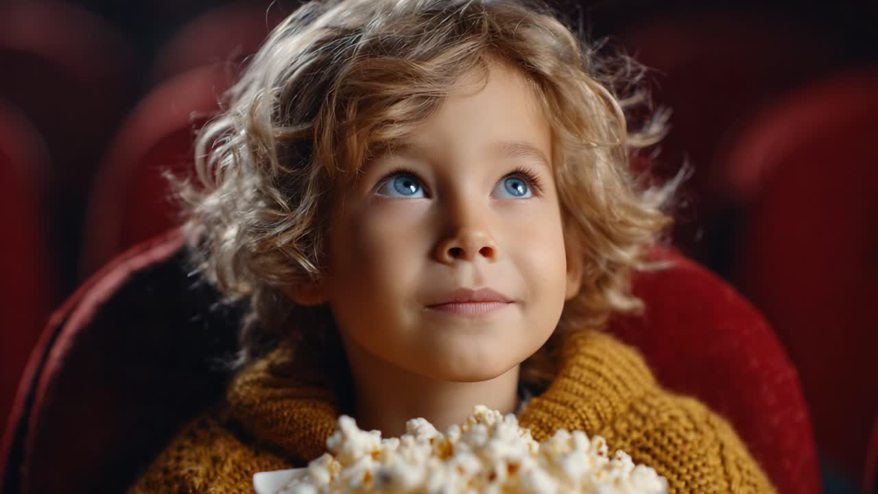 A Curious Child with Popcorn Gazing Upwards in a Movie Theater, Capturing the Wonder and Excitement of Watching Films in a Cozy Atmosphere