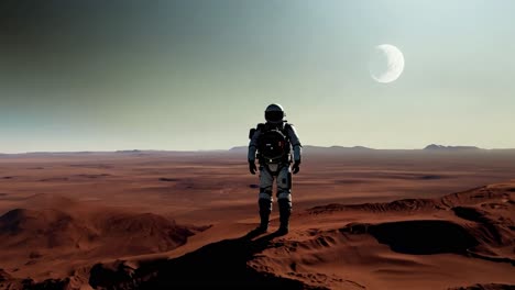 lone astronaut explores mars' rugged terrain under a clear sky with a distant planet visible. ideal for sci fi, space exploration, and futuristic themes