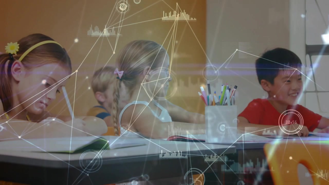 Elementary students writing at school desk, animated network graphics fading in playful interaction