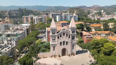 aerial pullback reveals picturesque cathedral in messina, italy, sicily