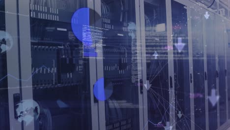 Animation-of-graphs,-globes,-connected-arrows-and-computer-language-over-data-server-racks