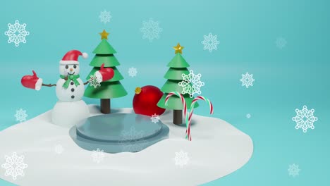 Animation-of-snow-falling-over-christmas-decorations-with-snowman-on-blue-background