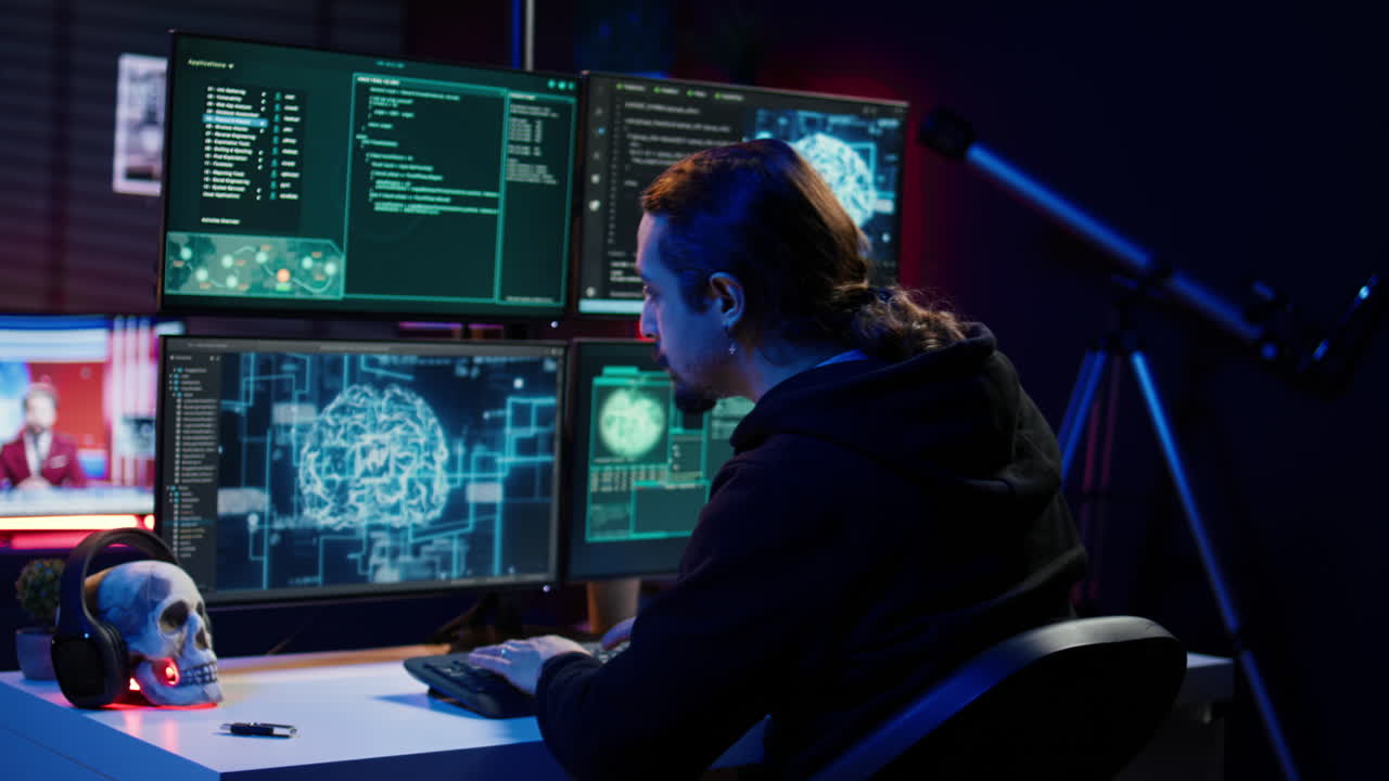 Hacker drinking coffee while running artificial intelligence spyware software