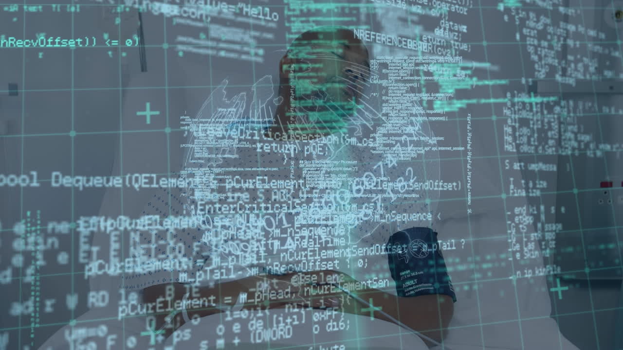 Data processing and spinning globe over african american male patient lying on hospital bed