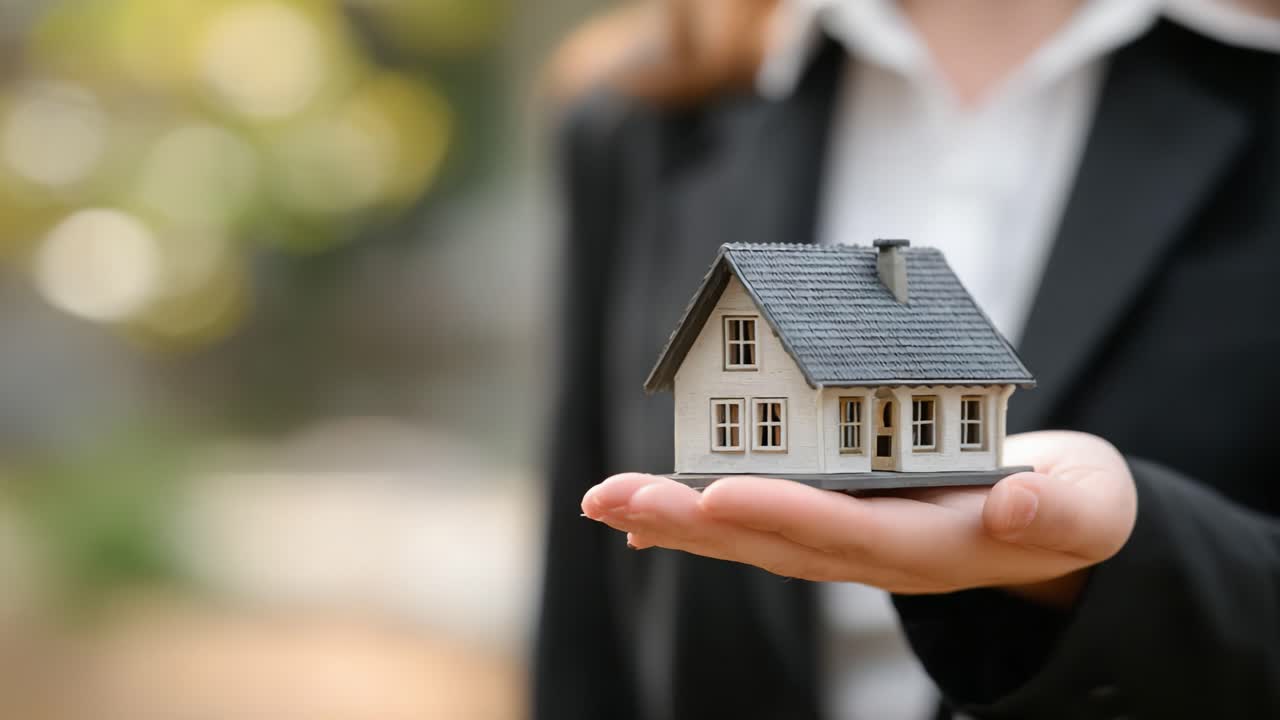 Un profesional sostiene una maqueta de casa en miniatura en su mano, ilustrando conceptos inmobiliarios y la propiedad de la vivienda en un entorno reflexivo.