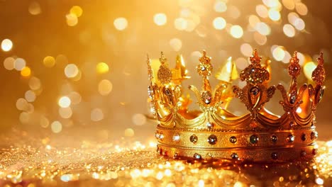 a gold crown on a gold background with bokeh lights