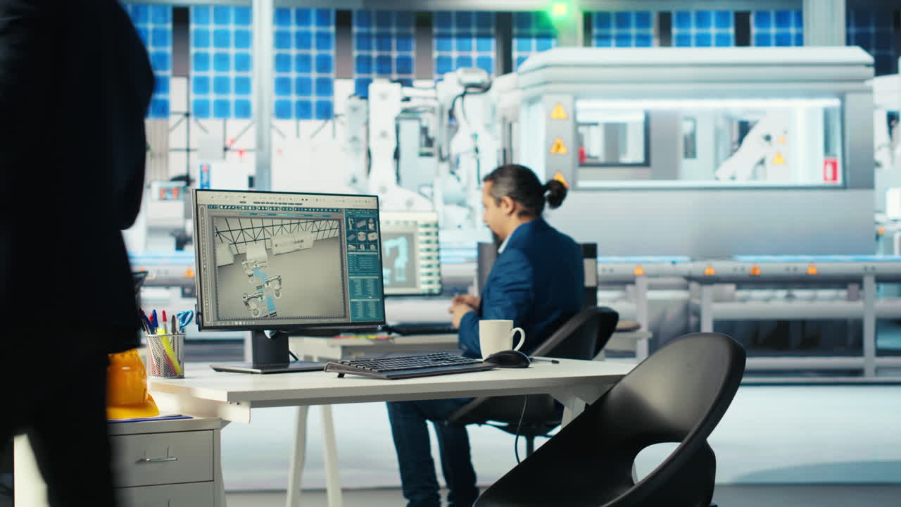 태양 전지 패널 제조 공장 관리자가 노동자의 피드백을 받고 있습니다.