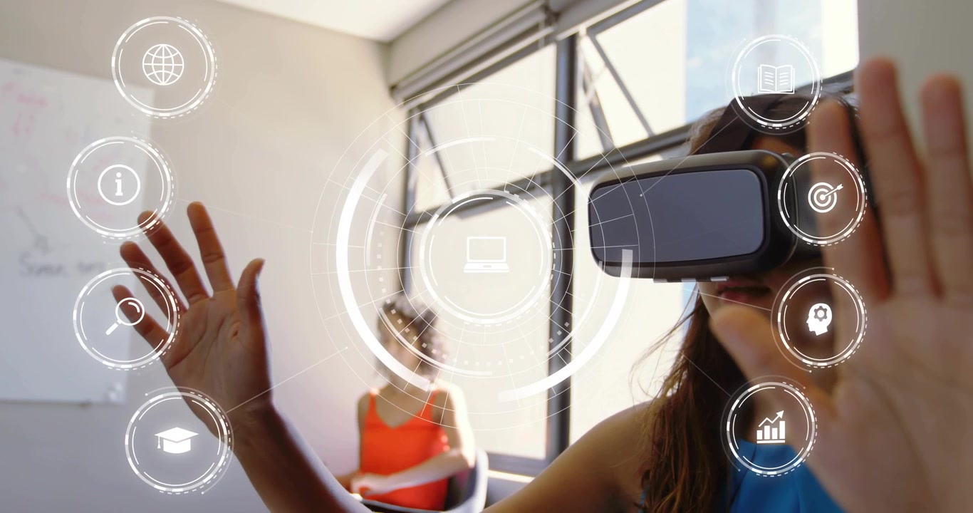Donning VR headset, trainer woman raising hands and navigating holographic interface for training