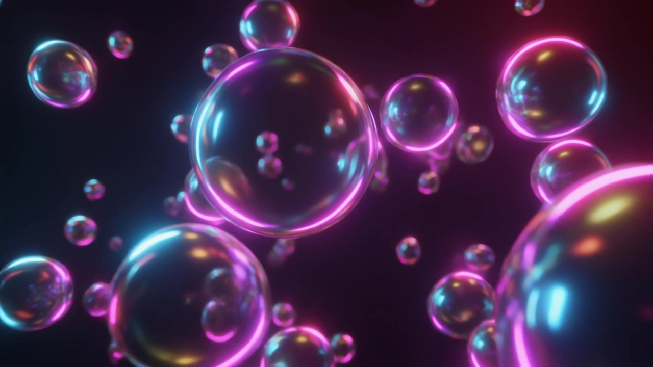 Floating Transparent Spheres with Neon Pink and Blue Lighting