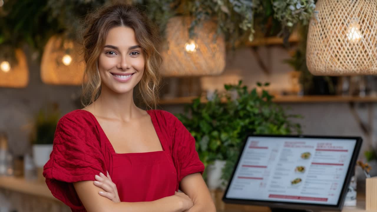 Uma jovem confiante vestindo um elegante vestido vermelho sorri para a câmera em um café vibrante, cercada por uma bela vegetação e luminárias exclusivas