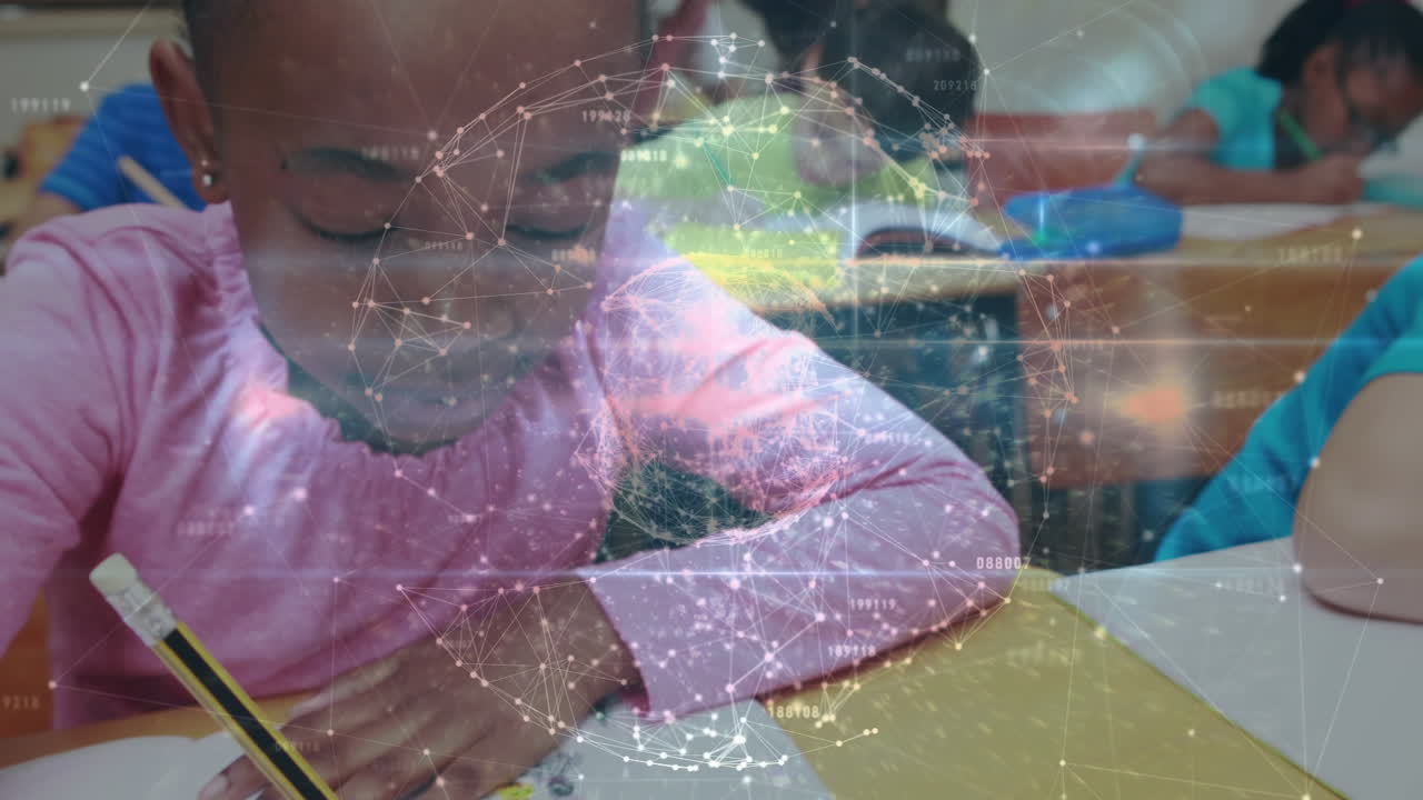 Animazione di un globo con una rete di connessioni su una ragazza afroamericana che studia in classe a scuola